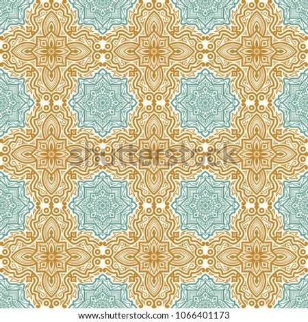Seamless pattern with oriental ornament. Yellow and light blue textile printing. Islamic vector design. Flower tiles. Elegant template for fashion prints. Light background. Tile. Gift paper.
