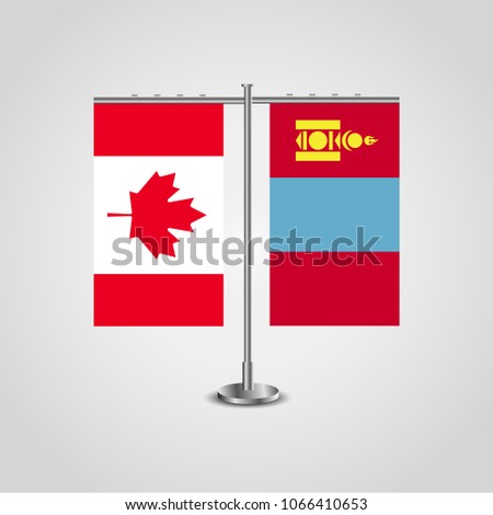 Table stand with flags of Canada and Mongolia.Two flag. Flag pole. Symbolizing the cooperation between the two countries. Table flags