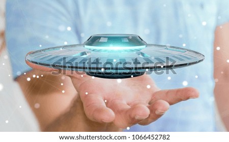 Businessman on blurred background with retro UFO spaceship 3D rendering