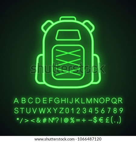 Camping backpack neon light icon. Rucksack, knapsack. Glowing sign with alphabet, numbers and symbols. Vector isolated illustration