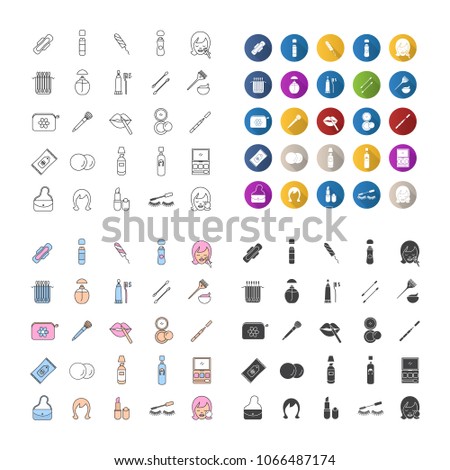 Cosmetics icons set. Toiletries. Makeup. Linear, flat design, color and glyph styles. isolated vector illustrations