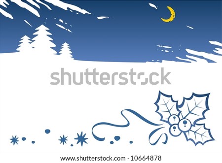 White silhouettes of fur-trees and holly berries on a background of the night winter sky.