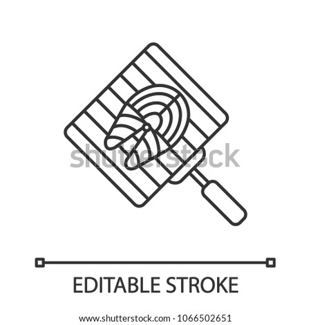 Hand grill with salmon fish linear icon. Barbecue grid. Thin line illustration. Grilling basket with fish steak. Contour symbol. Vector isolated drawing. Editable stroke