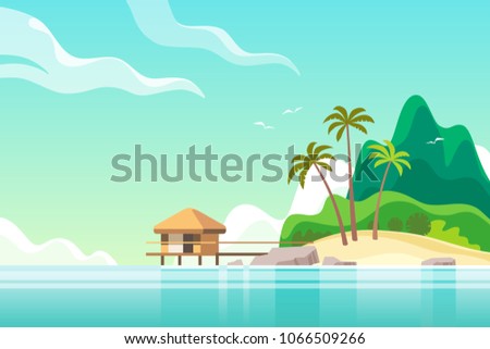 Tropical island with bungalow on the beach. Summer vacation. Vector illustration.