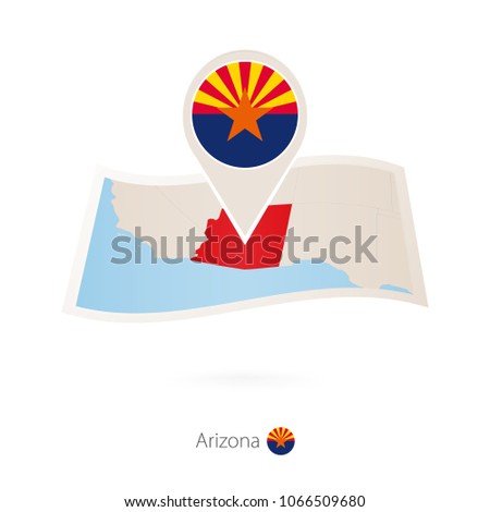 Folded paper map of Arizona U.S. State with flag pin of Arizona. Vector Illustration