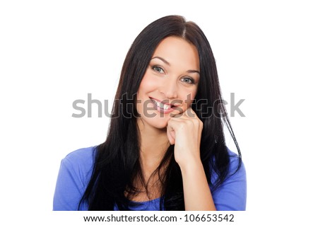 pretty excited woman happy smile, young attractive girl portrait think, looking at camera toothy smiling isolated over white background