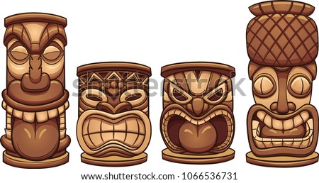 Cartoon tiki totems of different sizes. Vector clip art illustration with simple gradients. Each on a separate layer.
