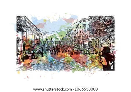 Buildings view with street Sofia Capital of Bulgaria. Watercolor splash with Hand drawn sketch illustration in vector.