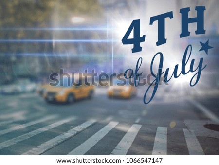 Blue fourth of July graphic against blurry street scene with flares