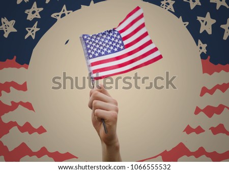 Hand holding american flag against cream circle and hand drawn american flag