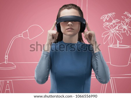 Woman in virtual reality headset against pink and white hand drawn office
