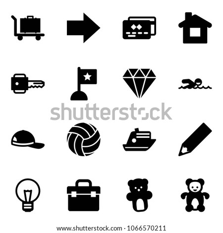 Solid vector icon set - baggage vector, right arrow, credit card, home, key, flag, diamond, swimming, cap, volleyball, cruiser, pencil, bulb, tool box, bear toy