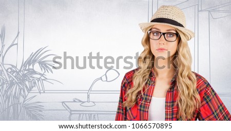Millennial woman in fedora against white hand drawn office