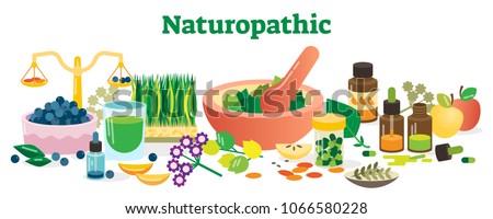 Naturopathic Health Concept Elements Collection Vector Illustration with Herbs and Homeopathic Substances. Royalty-Free Stock Photo #1066580228