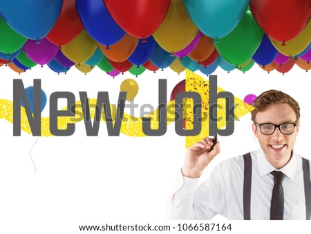 Young happy businessman with balloons behind writing NEW JOB on the screen