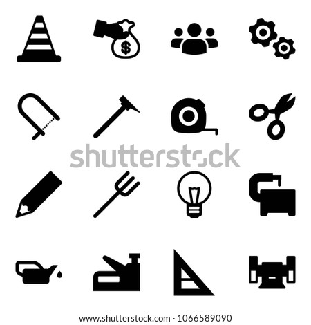 Solid vector icon set - road cone vector, encashment, group, gears, fretsaw, mason hammer, measuring tape, scissors, pencil, farm fork, bulb, machine tool, oiler, stapler, corner ruler, sharpening