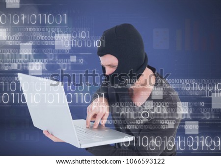 Hacker with hood using a laptop in front of blue background