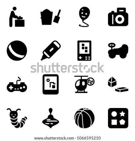 Solid vector icon set - baby room vector, bucket scoop, balloon smile, camera, ball, marker, game console, car, gamepad, helicopter toy, constructor blocks, caterpillar, wirligig, basketball