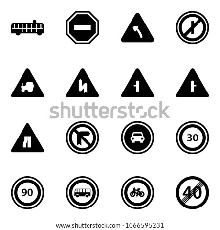 Solid vector icon set - airport bus vector, no way road sign, turn left, parkin odd, tractor, intersection, narrows, car, speed limit 30, 90, bike, end