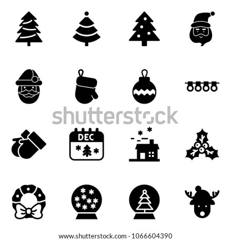 Solid vector icon set - christmas tree vector, santa claus, glove, ball, garland, gloves, calendar, house, holly, wreath, snowball, deer hat