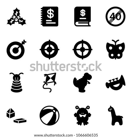 Solid vector icon set - holly vector, annual report, end speed limit road sign, target, butterfly, pyramid toy, kite, dinosaur, horn, constructor blocks, beach ball, monster, giraffe