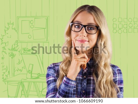Millennial woman thinking against green hand drawn office
