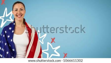 Woman wrapped in american flag against blue background with hand drawn star pattern