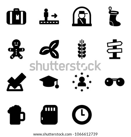 Solid vector icon set - suitcase vector, travolator, officer window, christmas sock, cake man, three leafs, spica, road signpost sign, check, graduate hat, star, sunglasses, beer, micro flash card