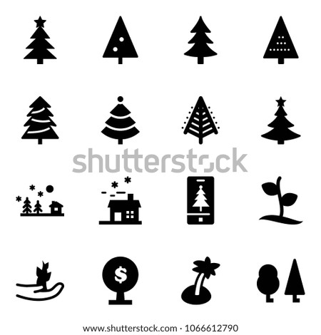Solid vector icon set - christmas tree vector, landscape, house, mobile, sproute, hand, money, palm, forest
