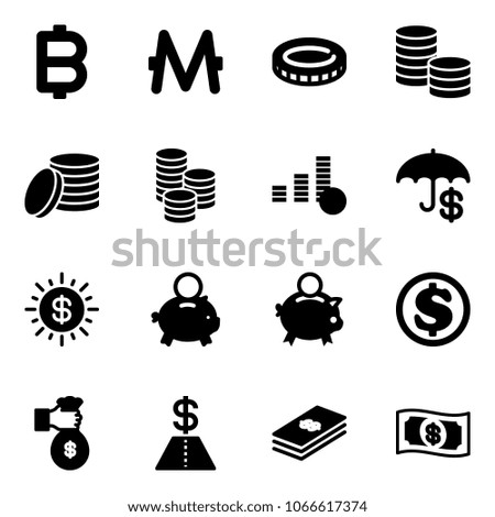 Solid vector icon set - bitcoin vector, monero, coin, insurance, dollar sun, piggy bank, rich, money