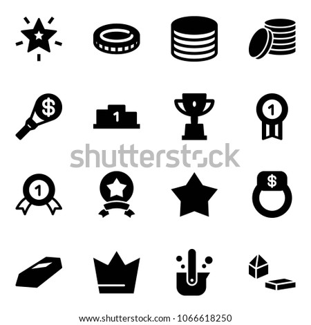 Solid vector icon set - christmas star vector, coin, money torch, pedestal, win cup, gold medal, finger ring, crown, casting of steel, constructor blocks