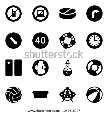 Solid vector icon set - no mobile sign vector, computer, pill, only right road, detour, minimal speed limit, friends, time, pause, globe, round flask, circle chart, volleyball, basin, ufo toy
