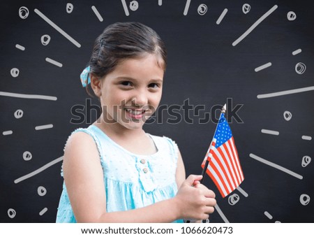 Girl holding american flag against navy chalkboard and white fireworks doodle