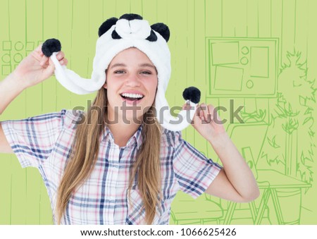 Millennial woman in panda hat against green hand drawn office