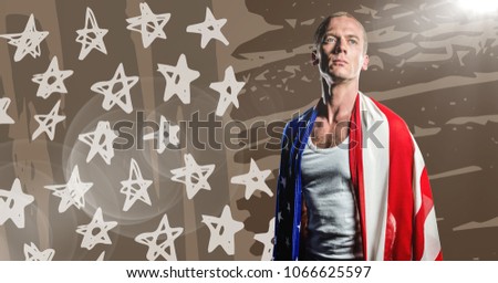 Man wrapped in american flag looking down against brown hand drawn american flag and flare