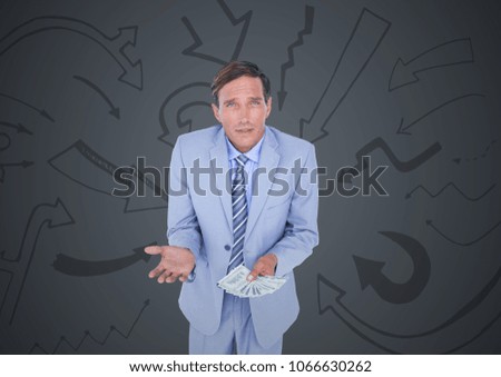 Business man with money against grey background and arrow graphics