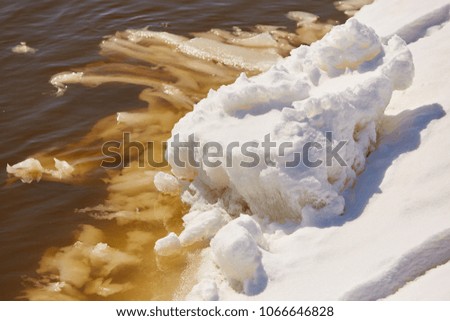 Spring landscape and ice drift on the river.