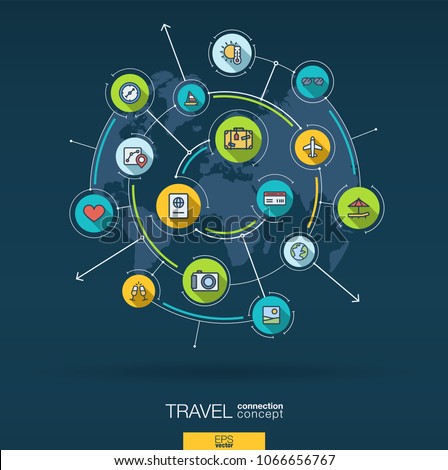 Abstract travel and tourism background. Digital connect system with integrated circles, flat icons. Network interact interface concept. Hotel booking, holiday, vacation vector infographic illustration