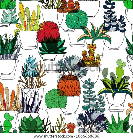 cactus and succulents colorful seamless pattern hand drawing illustration background