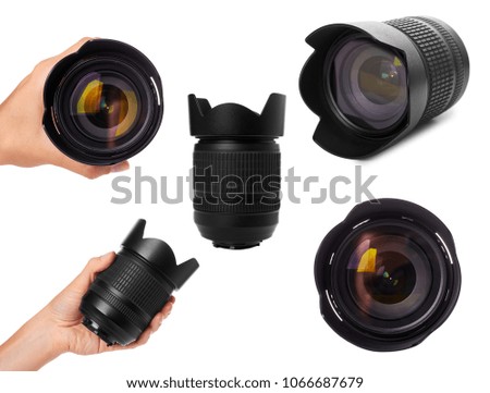 set of different camera lens with hand, isolated on white background.
