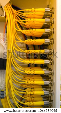 Fiber optic cables in box's connection in a technology data center room for high speed communication. Light effect and selective focus