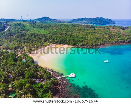 Aerial view of beautiful beach and sea with coconut palm tree on blue sky in the paradise island