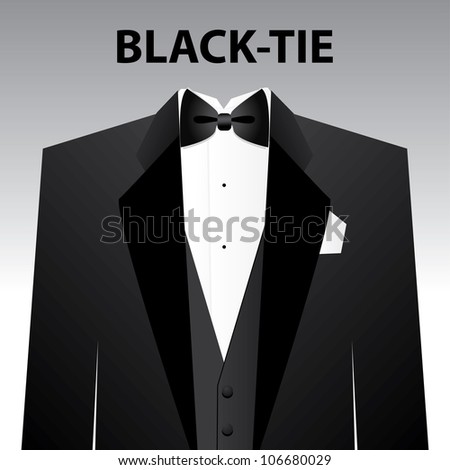 Dress code - Black tie. The man - a black tuxedo and black butterfly. Vector.