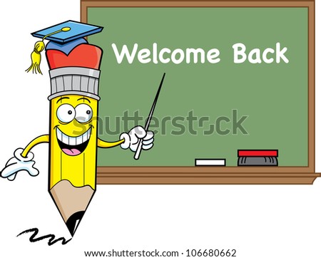 Cartoon illustration of a pencil at a blackboard