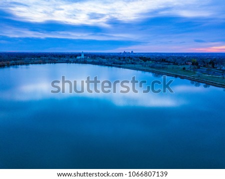 Drone Sunrise over Lake in Denver, Colorado