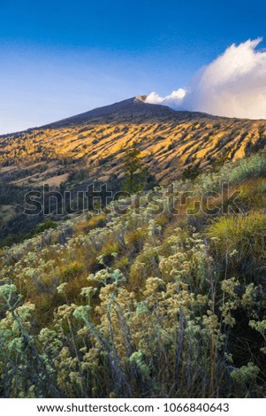 Mount Rinjani scenic view on daylight under motion of cloud and blue sky. Mount Rinjani or Gunung Rinjani is an active volcano in Indonesia on the island of Lombok West Nusa Tenggara