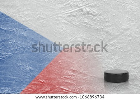 An image of the Czech flag and on ice and a hockey puck. Concept, hockey