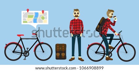Illustration vector character set of geek handsome young man hipster riding bike and drinking coffee go to work using GPS on smartphone 