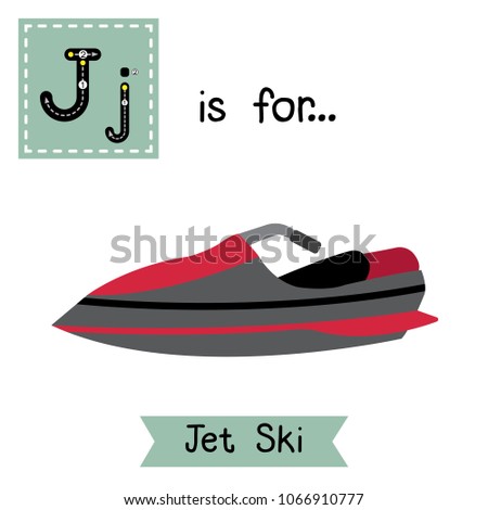 Letter J cute children colorful transportations ABC alphabet tracing flashcard of Jet Ski for kids learning English vocabulary Vector Illustration.