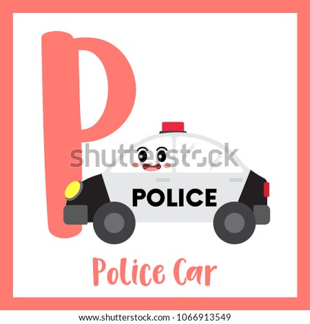 Letter P cute children colorful transportations ABC alphabet flashcard of Police Car for kids learning English vocabulary Vector Illustration.